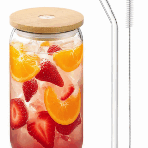 Glass Cups with Bamboo Lids and Glass Straws  – 1 Pack by JNJSHome