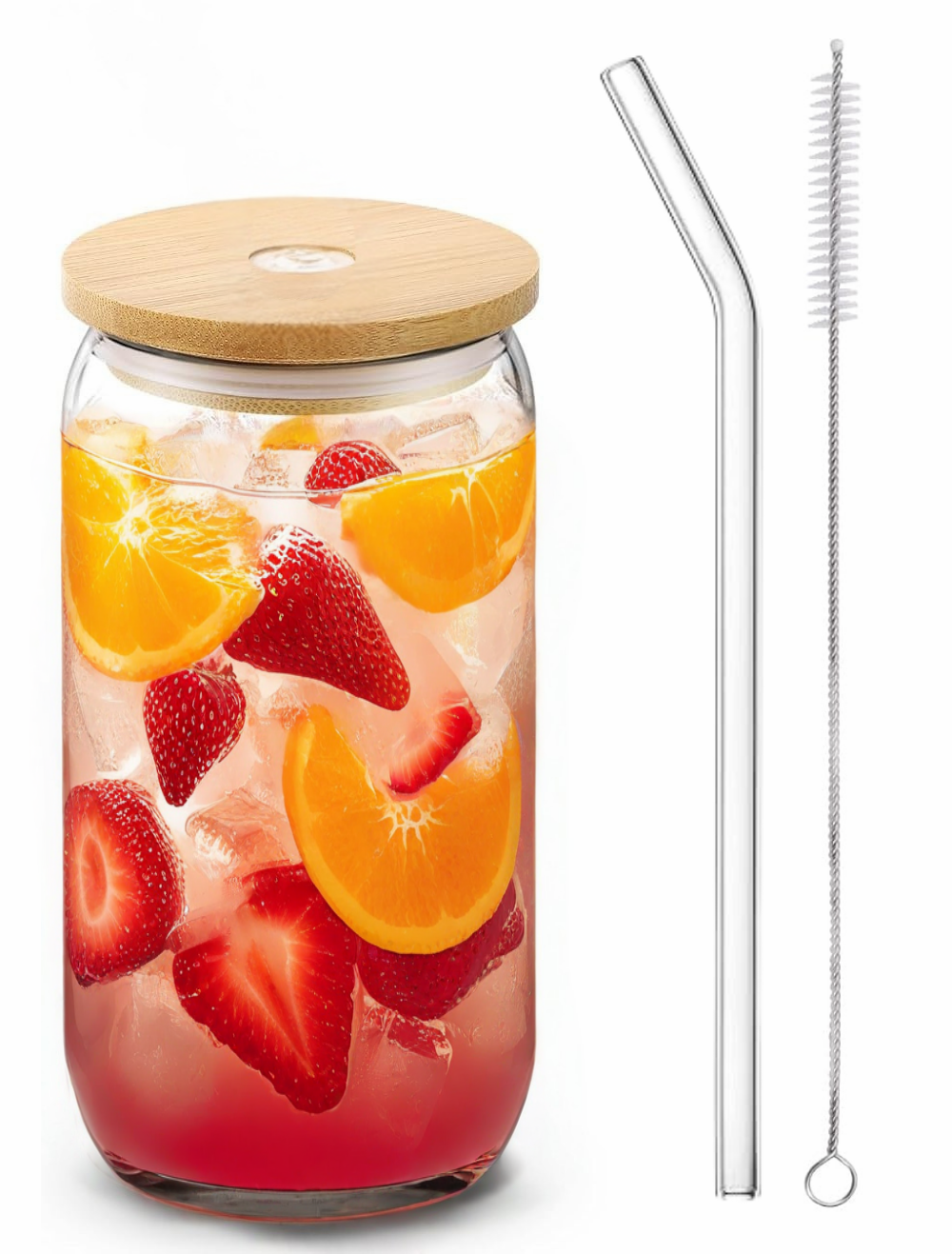 Glass Cups with Bamboo Lids and Glass Straws  – 1 Pack by JNJSHome